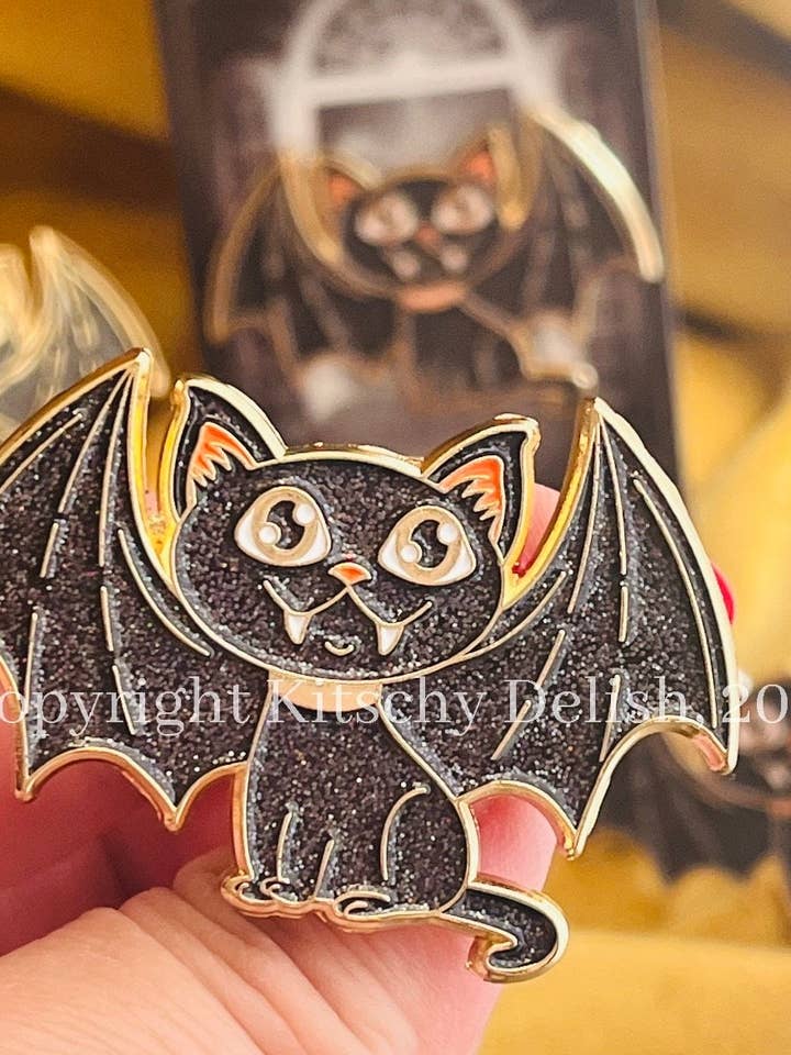 Cat Bat at Home soft enamel pin with glitter ! for wholesale by Kitschy Delish