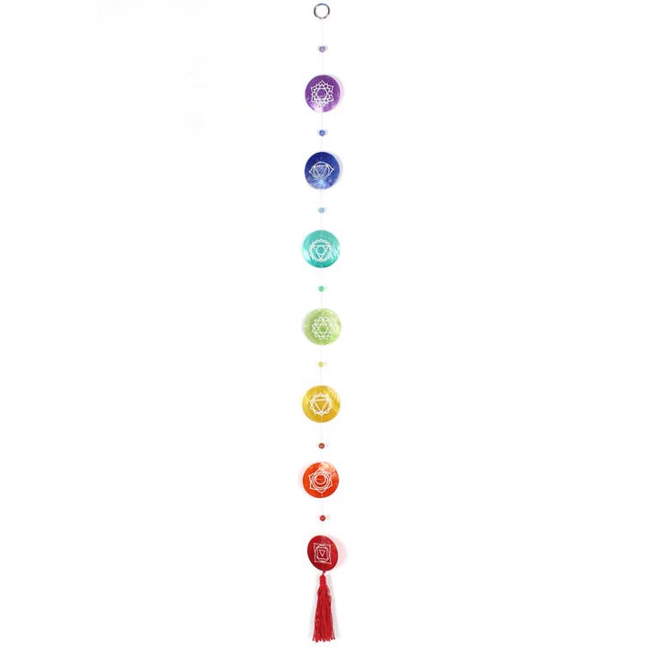 Namaste - Wholesale Decorative tassel/wall drop - Capiz Shell String With Chakra Symbols