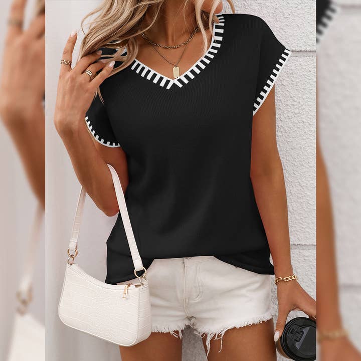 UNISHE - Wholesale Knit Sweater - Women's - Pullover Short Sleeve V-Neck Striped Knit Sweater MD178
