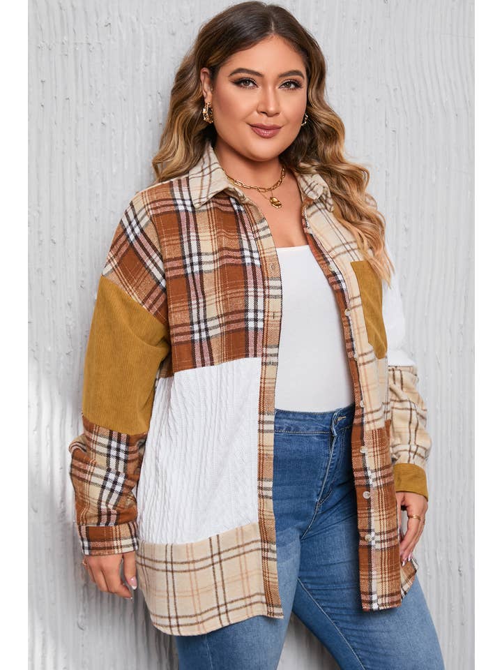Orange Plaid Color Block Patchwork Corduroy Jacket(S-2XL) for wholesale on Faire