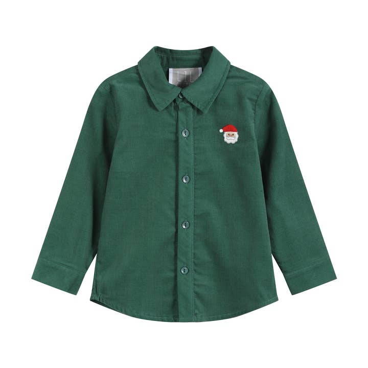 Lil Cactus - Wholesale Button Down Shirt - Kids - Green Corduroy Santa Dress Shirt0