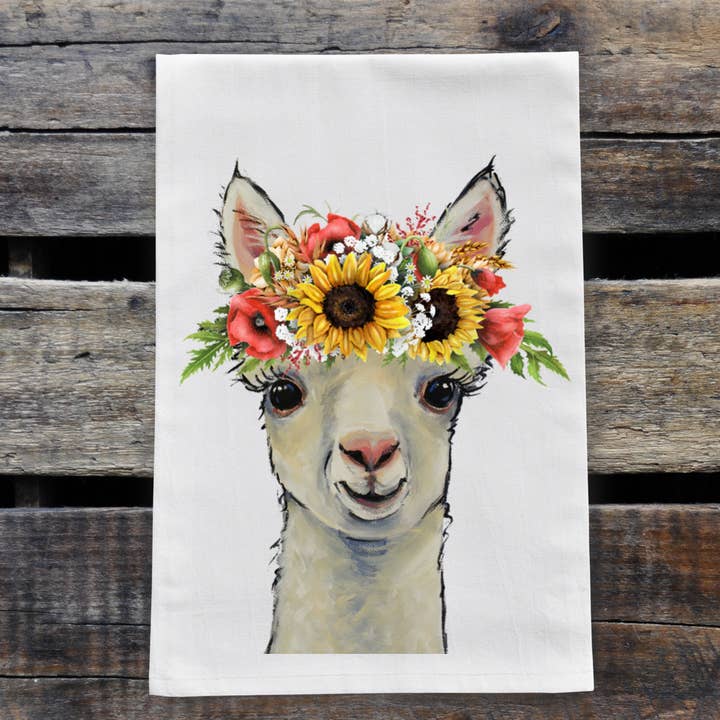 Colorful Sunflower Alpaca Tea Towel, Farmhouse Towel Decor for wholesale by Hippie Hound Studios