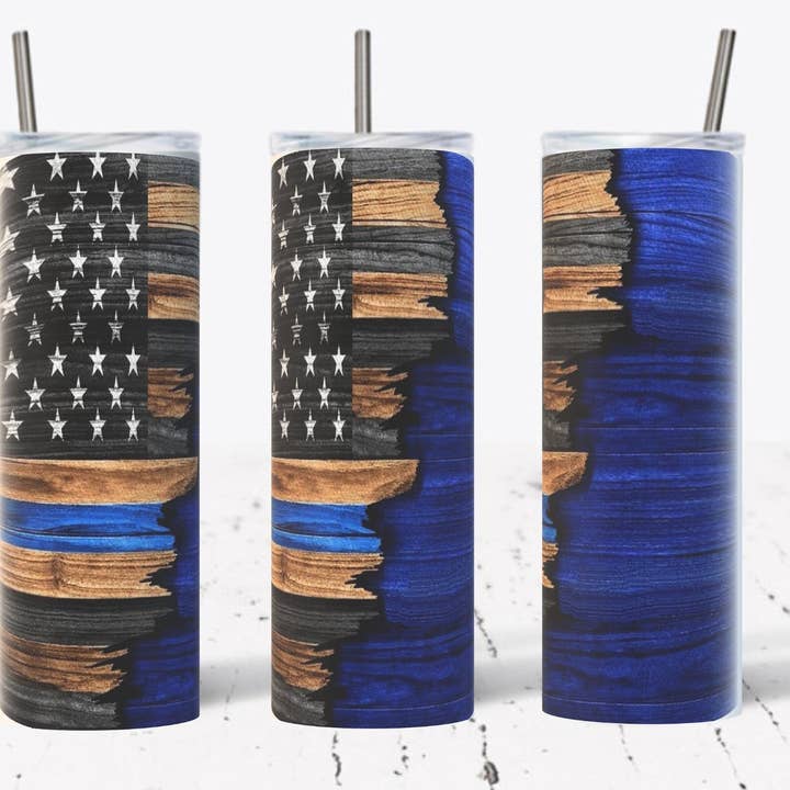 Blue Wooden Flag Tumbler for wholesale by Totally Tumblers LLC