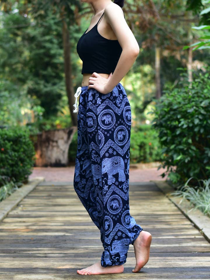 Bohotusk Blue Elephant Tusker Print Womens Harem Pants Tie Waist S/M to 3XL for wholesale on Faire1