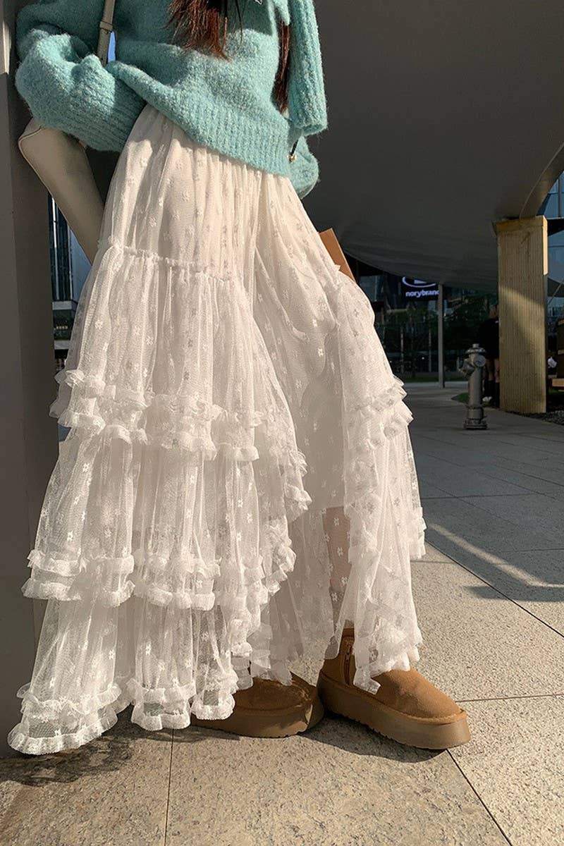 NINEXIS - Wholesale Skirt - Women's - CWBLS00714_2025 FLORAL MESH RUFFLE IRREGULAR MAXI SKIRT