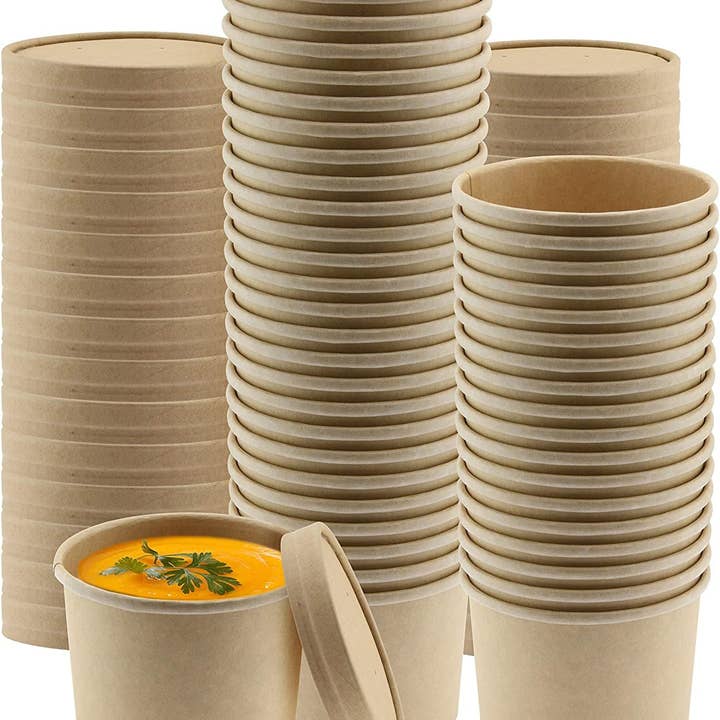 NYHI Kraft Paper Soup Storage Containers With Lids | 8 Ounce Insulated Take Out Disposable Food Storage Container Cups For Hot & Cold Foods | Eco Friendly To Go Soup Bowls With Vented Lid | 50 Pack for wholesale by singleware