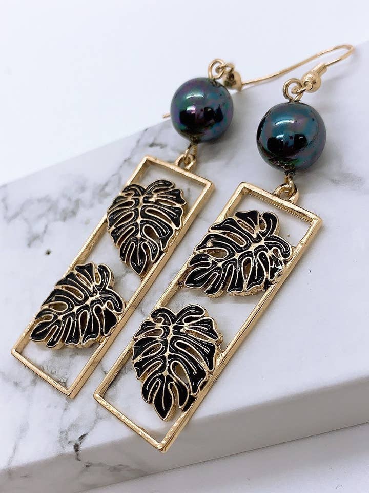 Monstera Leaf Black Enamel : Hamilton Gold Earring with Shell Pearls for wholesale by Anela's Jewelry