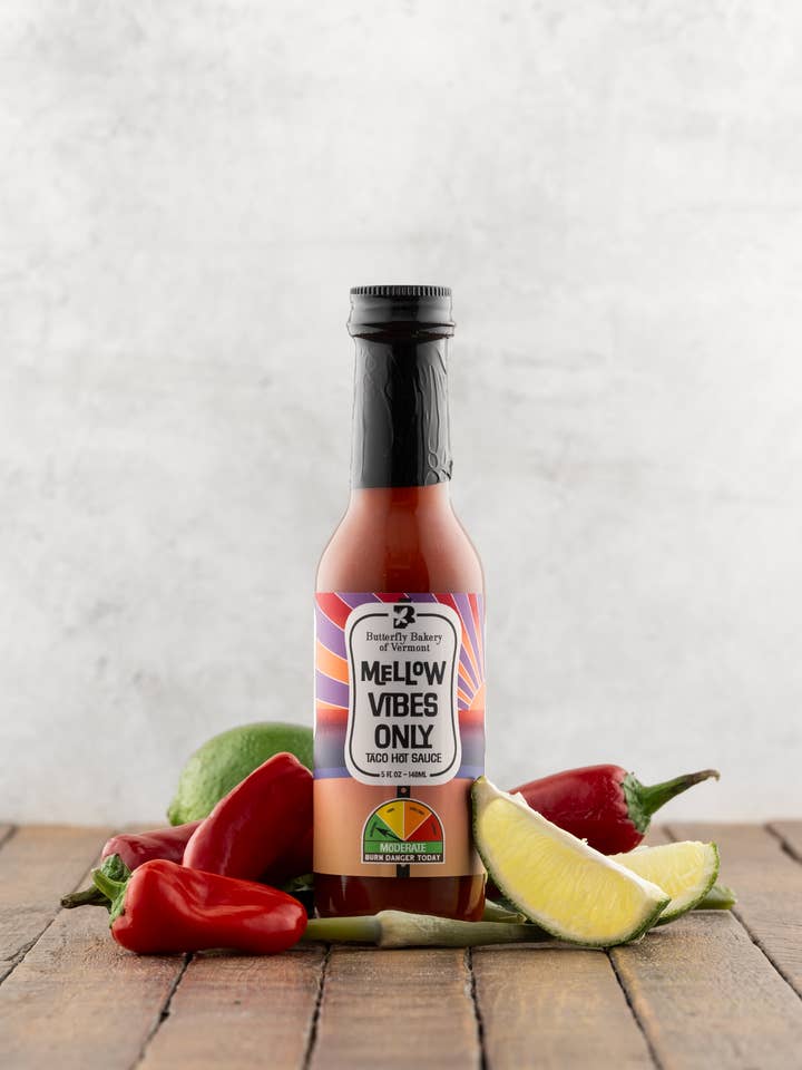 Mellow Vibes Only Hot Sauce 5oz for wholesale by Butterfly Bakery of Vermont