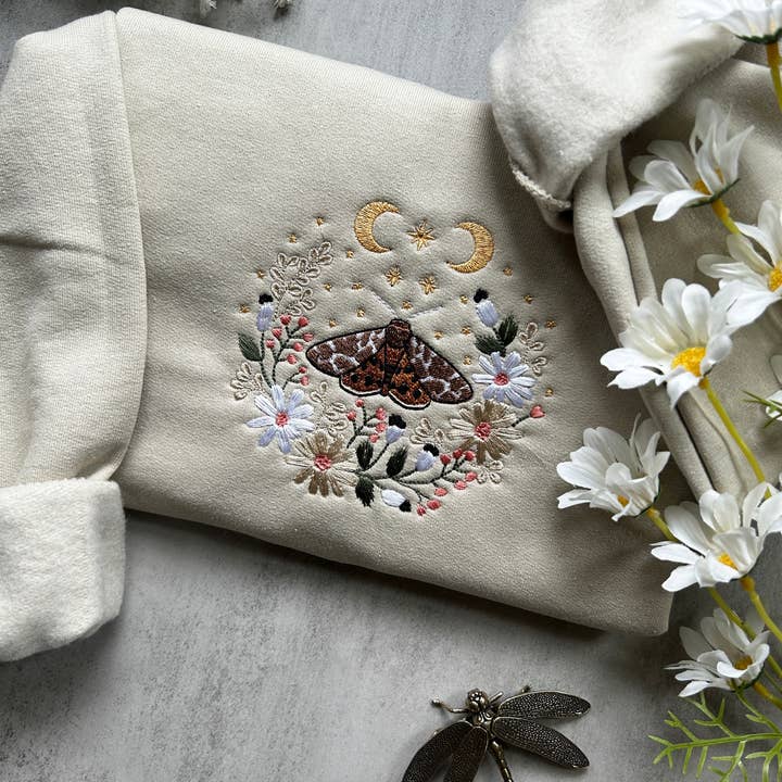 Plantiful Design Co - Wholesale Sweatshirt - Women's - Embroidered Cottagecore Butterfly Moth Nature Sweatshirt