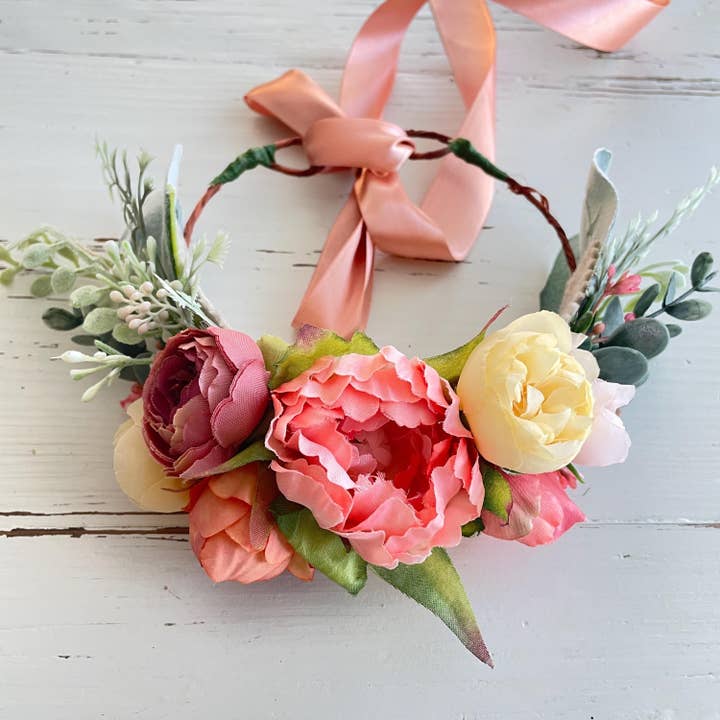 Peach Coral Paloma Dog Flower Crown for wholesale by Wolf and Wonder