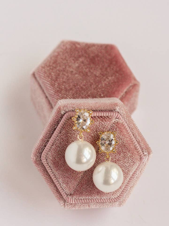Oval Crystal Pearl Earrings for wholesale by Rachelyn Jewelry