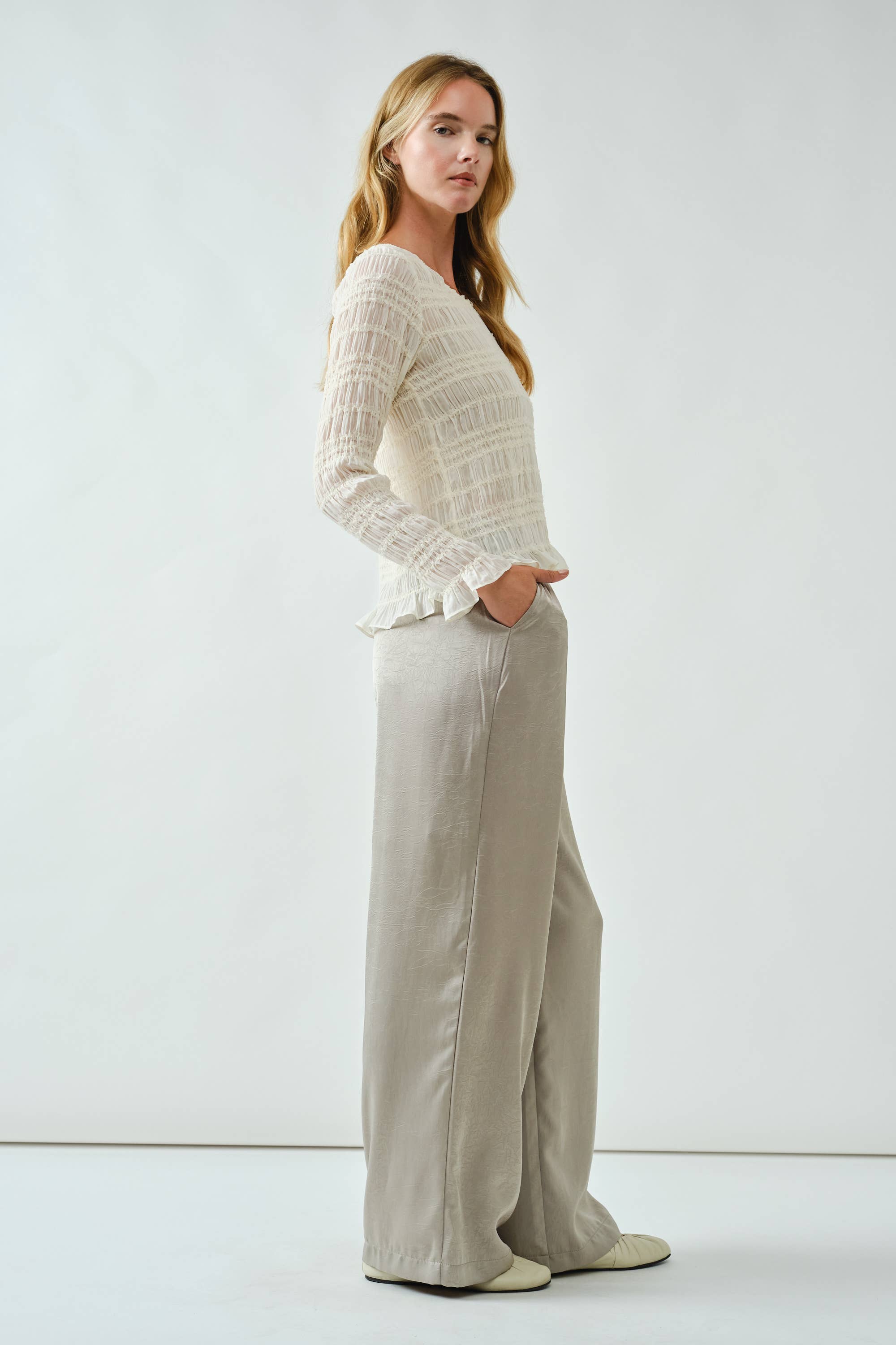 Aaron & Amber - Wholesale Knit Top - Women's - AJT5432 LACE DETAIL SHEER SMOCKING TOP20