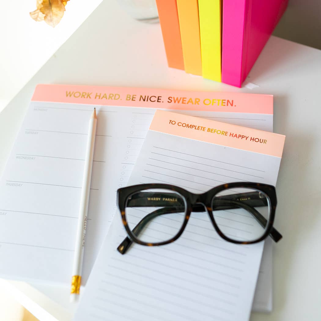 Chez Gagné - Wholesale Notepad - To Complete Before Happy Hour - Lined Notepad  - Sunset Pink - 65 perforated pages - 5x8 6