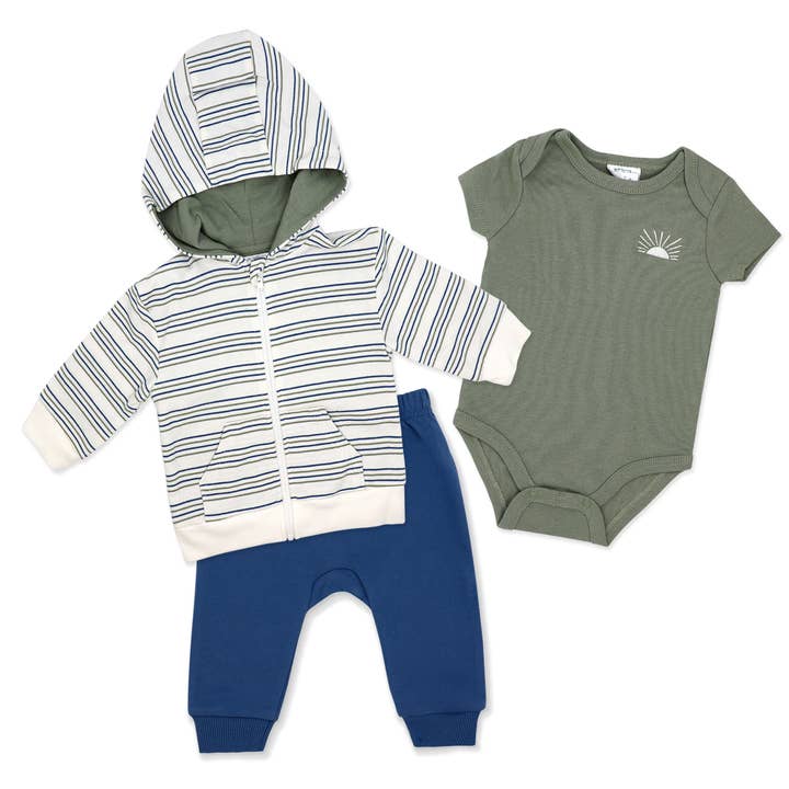 Fransk frotté med huva för pojkar i 3 delar: Sage Stripe för wholesale av Rose Textiles
