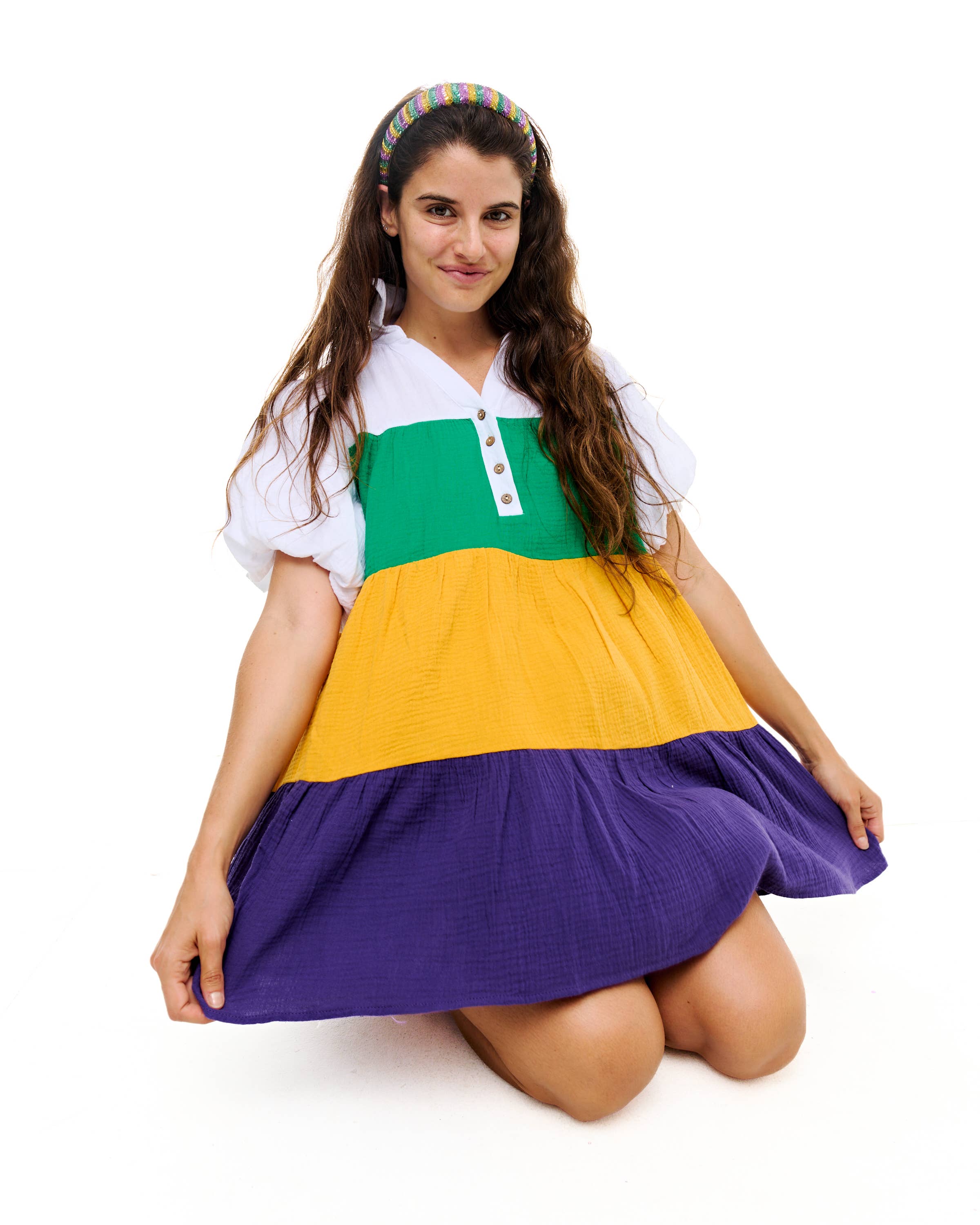 SongLily - Wholesale Dress - Women's - Mardi Gras color block smocked dress1