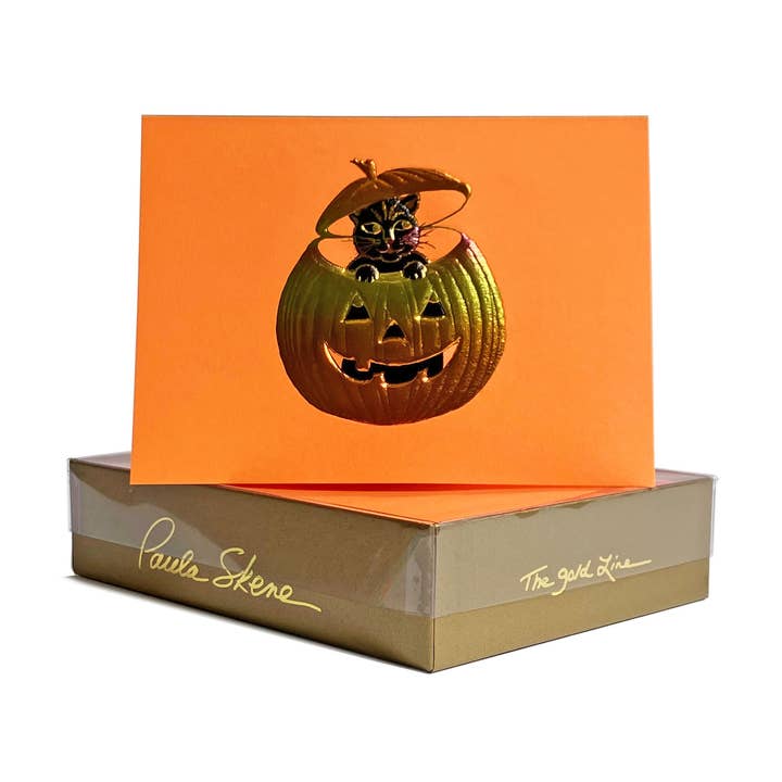 Tarjeta de Halloween con forma de gato en forma de calabaza sobre naranja para venta al por mayor de PAULA SKENE DESIGNS