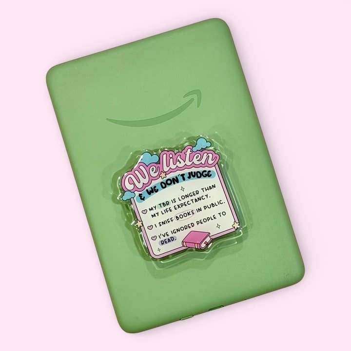 We Listen and Don't Judge Bookish Edition Kindle/Phone Grip for wholesale by Posh Paperie