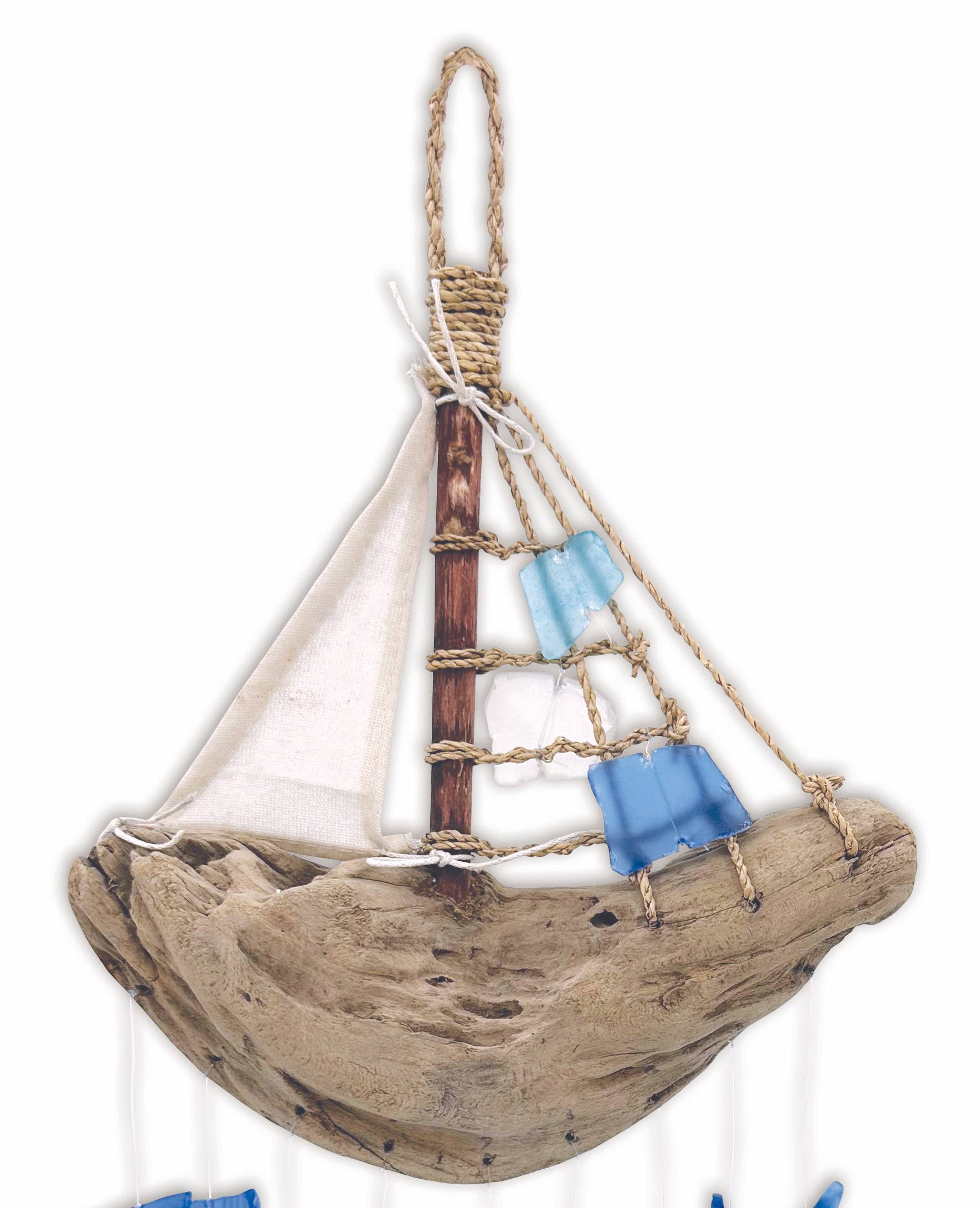 Sunset Vista Designs - Wholesale Wind Chime - 18" Bali Driftwood Boat Glass Wind Chime Decor - 713291