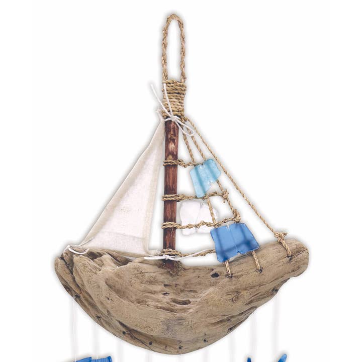 Sunset Vista Designs - Wholesale Wind Chime - 18" Bali Driftwood Boat Glass Wind Chime Decor - 713291