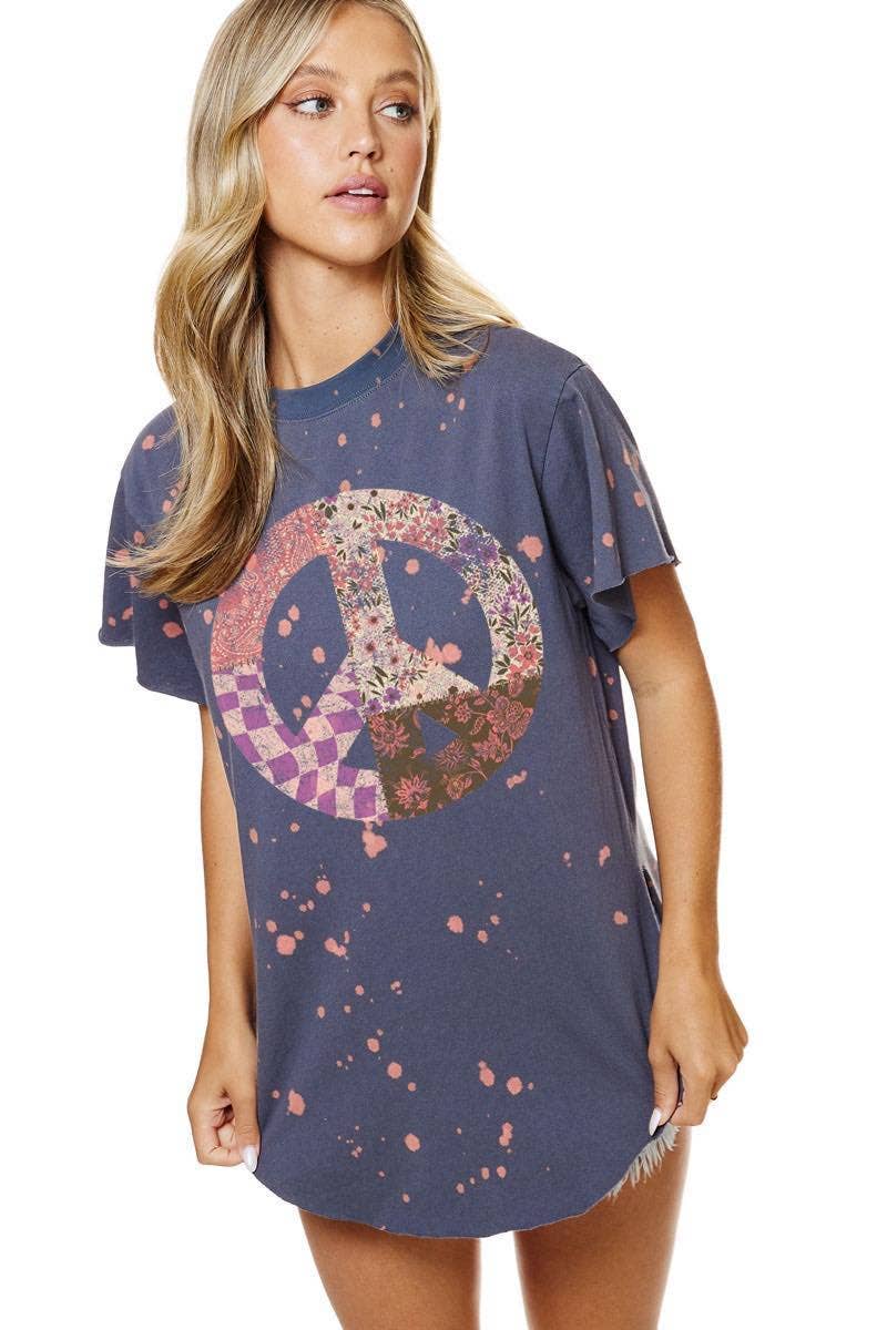 Zutter - Wholesale Screen Printed T-Shirt - Women's - Boho Peace Floral Graphic Bleached Top1