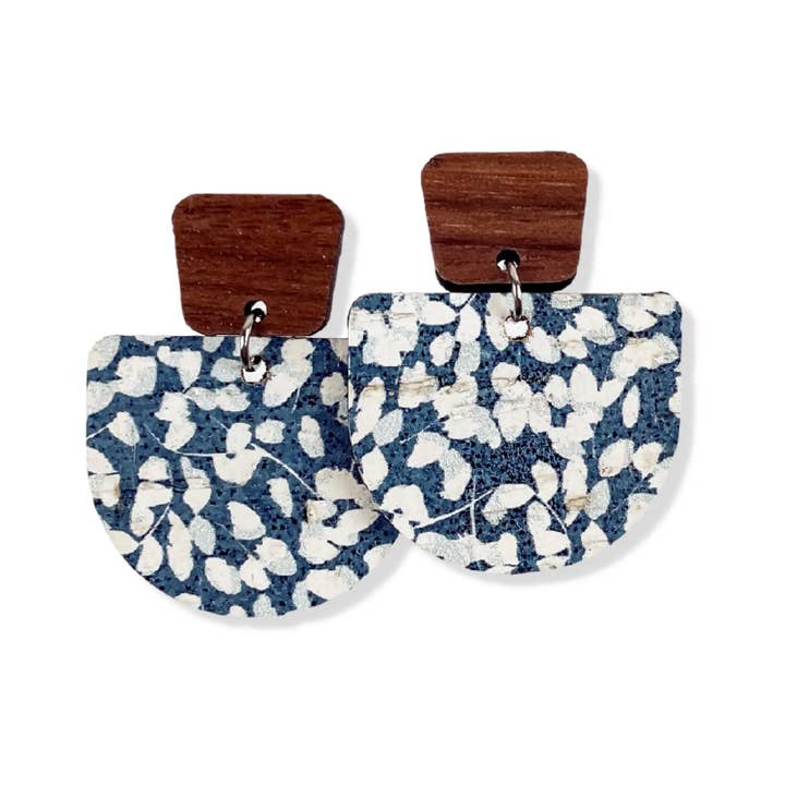 Charlie Walnut Wood + Cork Earrings-Blue Dots for wholesale by Creek and Elm