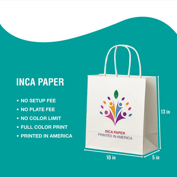 10" x 5" x 13" Printed White Paper Bags with Twisted Handles for wholesale by INCA PAPER