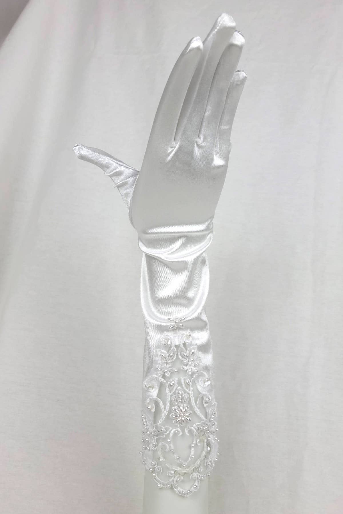 Chicas - Wholesale Gloves – Women's - Pair of Long Satin Gloves With Lace and Pearls G4388BL6