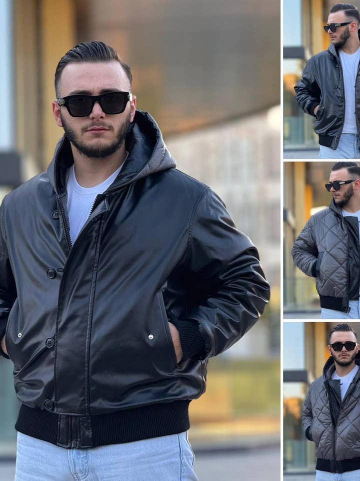 Chaqueta de cuero reversible para hombre con capucha para venta al por mayor de PremiumDenim