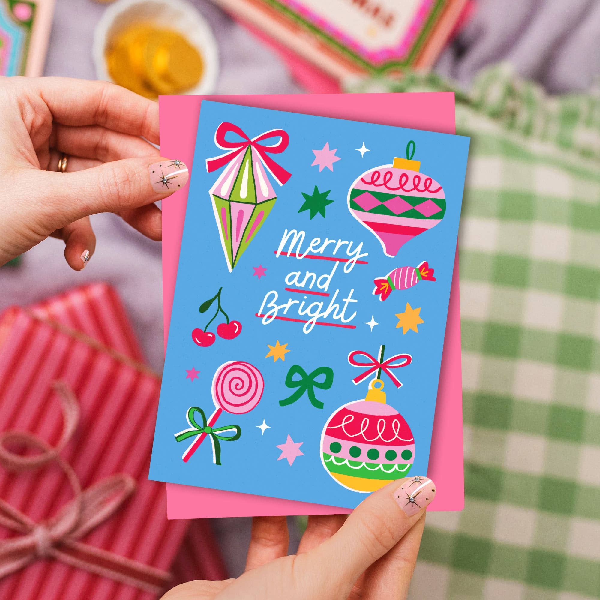 Natalie Lea Owen – Handmade Jewellery & Greeting Cards - Wholesale Christmas Card - Bauble Christmas Card | Vintage Holiday Card | Blue | Xmas1