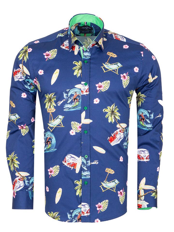 Blue Beach Print Long Sleeve Pure Cotton Shirt for wholesale by Makrom