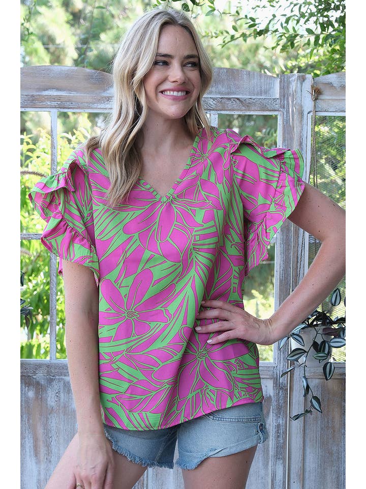FUCHSIA GREEN ST2407-E - PRINTED WOVEN RUFFLED TULIP SLEEVE V NECK TOP for wholesale on Faire4