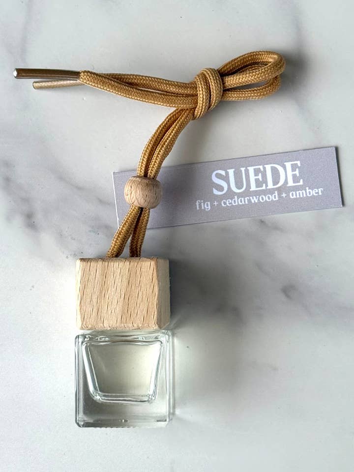 Suede Scented Mini Diffuser/hanging car freshener for wholesale by Everscent Candle Co.
