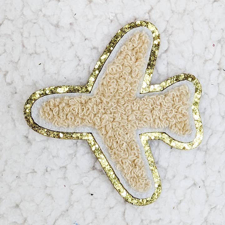 Tan Airplane Chenille & Glitter HAT/POCKET Patch for wholesale by Trendy Transfers