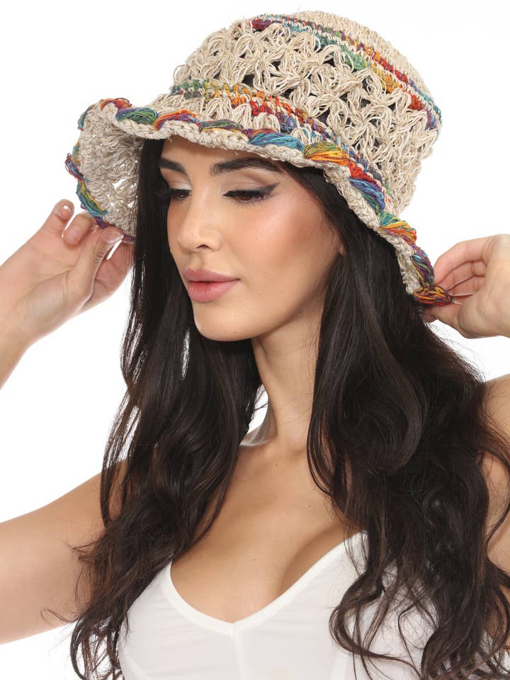 Hippie Boho Hæklet Boheme Floppy Hamp Hat for engroshandel hos The Collection Royal / Royal Handicrafts