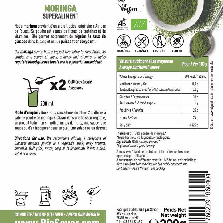 BioSavor – Großhandel Protein-/Superfood-Pulver – Bio-Moringa-Pulver 200 g1