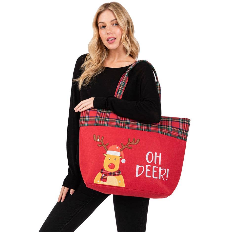 Red Oh Deer Letter Reindeer Christmas Tote Bag for wholesale on Faire0