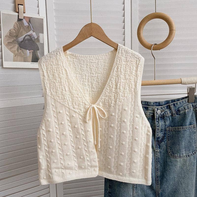 Rosa Clothing - Wholesale Knit Top - Women's - V-neck Ribbon Bow tie front lace up knit Cardigan gilets1