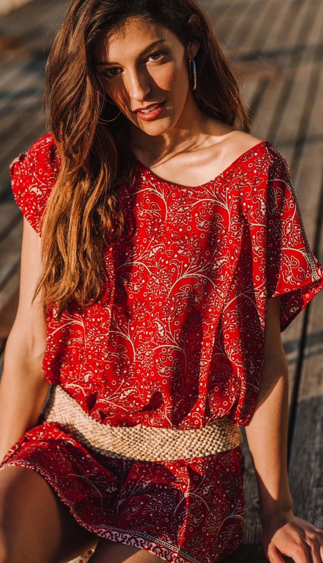 Miss Kitsch – wholesale Dress – Women's – Red Short Dress, Boho Dress, Summer Dress, Beach Dress, Resort Wear, Blouse Dress, Holiday Dress, Short Dress with Sleeve Corfu Dress8