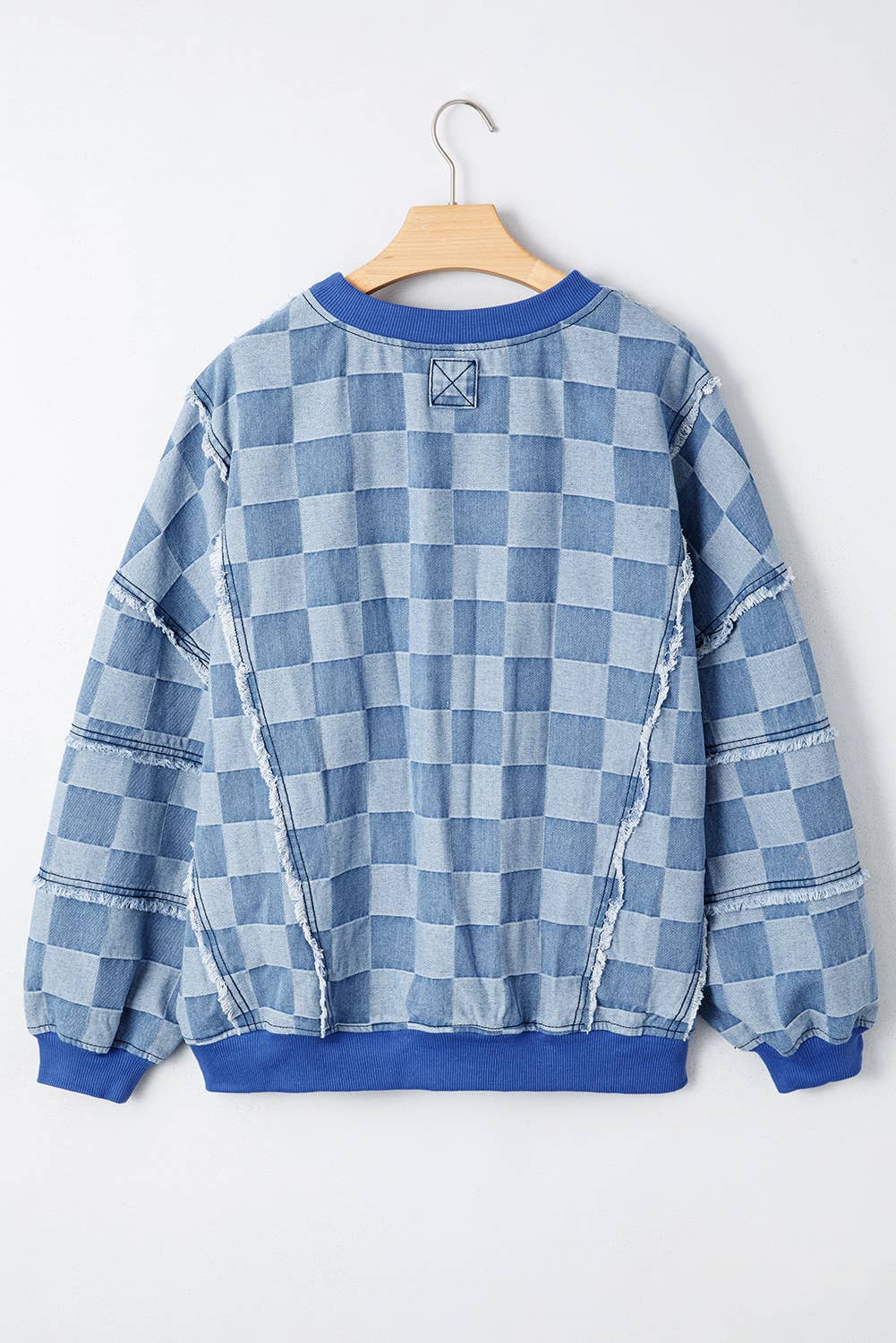 Blue Checkerboard Splicing Raw Detail Oversized Denim Pullover for wholesale on Faire4