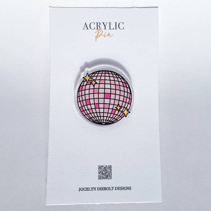 Jocelyn Diebolt Designs - Vendita all'ingrosso Spilla da bavero - Spilla in acrilico a forma di palla da discoteca rosa con supporto