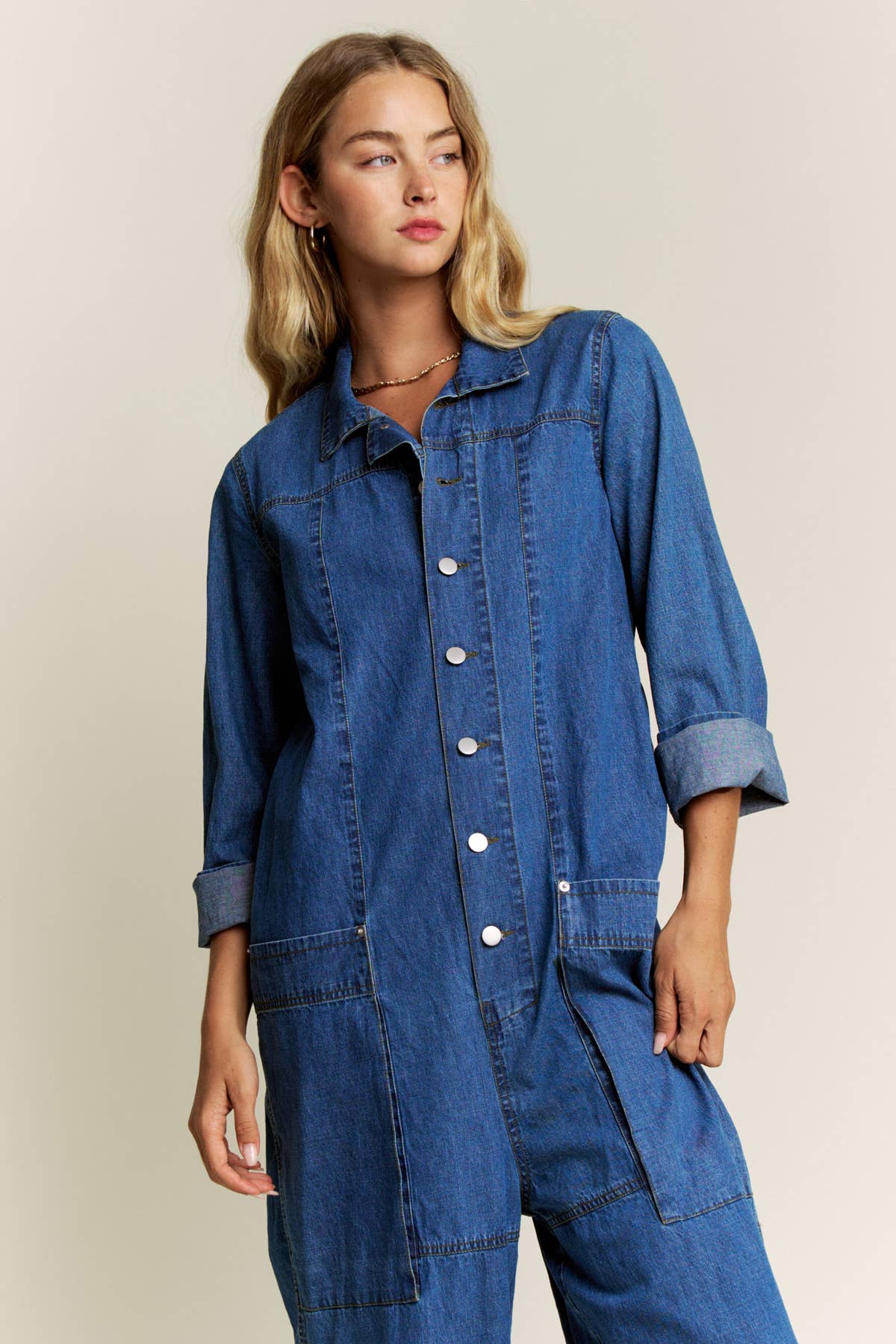 Lara Daisy - Wholesale Jumpsuit - Women's - Collared Neck Button Fly Relaxed Denim Jumpsuit3