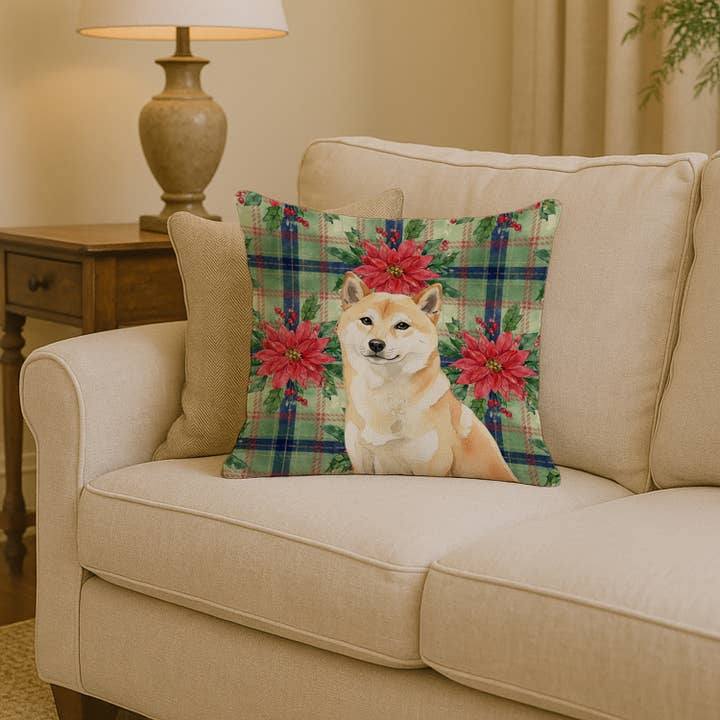 Cream Shiba Inu Christmas Poinsettas Pillow 14x14 WDK8814 for wholesale by Caroline's Treasures