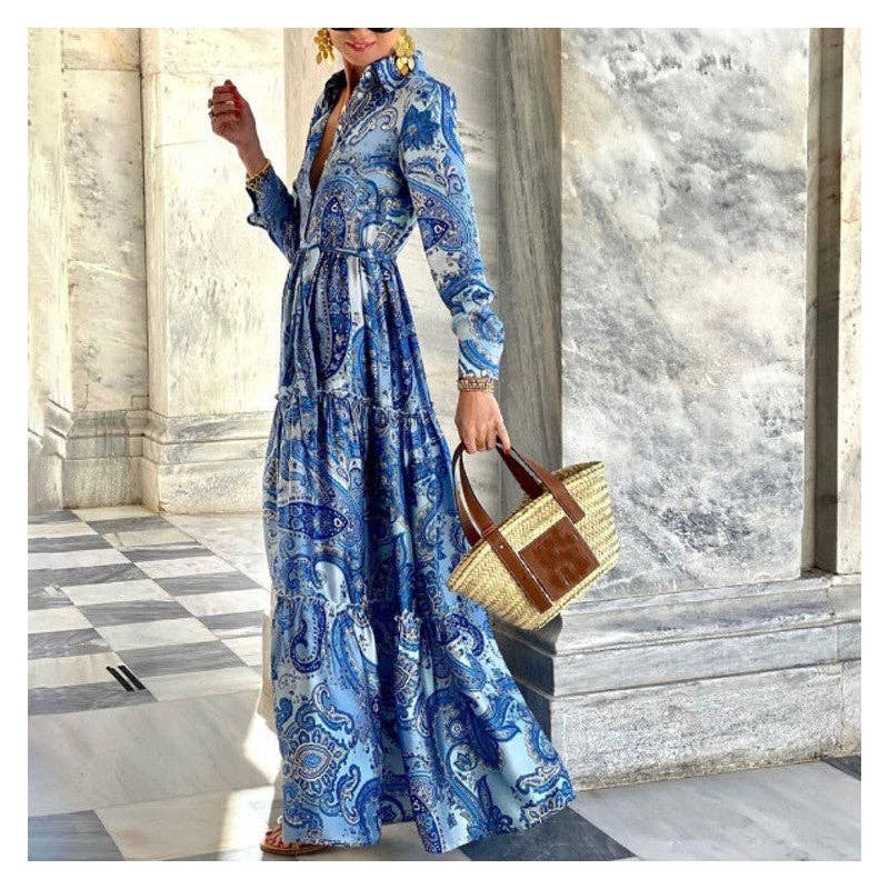 FurDecoration - Wholesale Dress - Women's - Elegant Lace-Up Maxi Dress with Printed Long Sleeves2