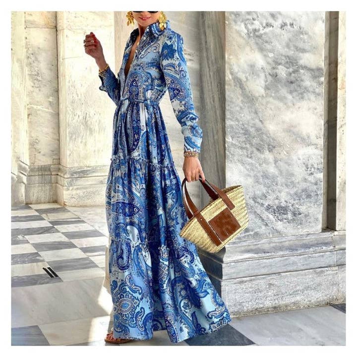FurDecoration - Wholesale Dress - Women's - Elegant Lace-Up Maxi Dress with Printed Long Sleeves2