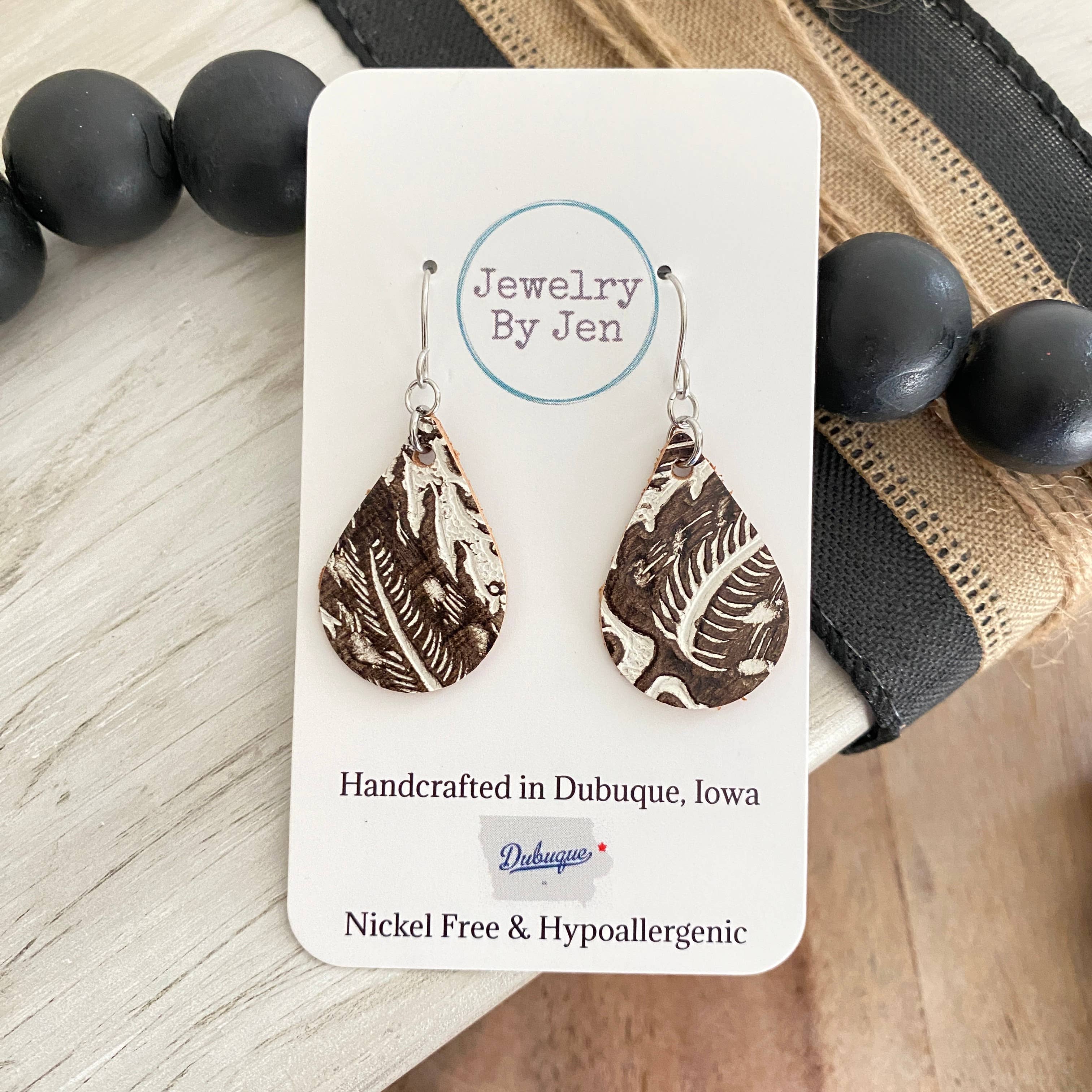 Jewelry By Jen - Wholesale Dangle Earrings - Small Teardrop Earrings: Cream & Brown Tooled3