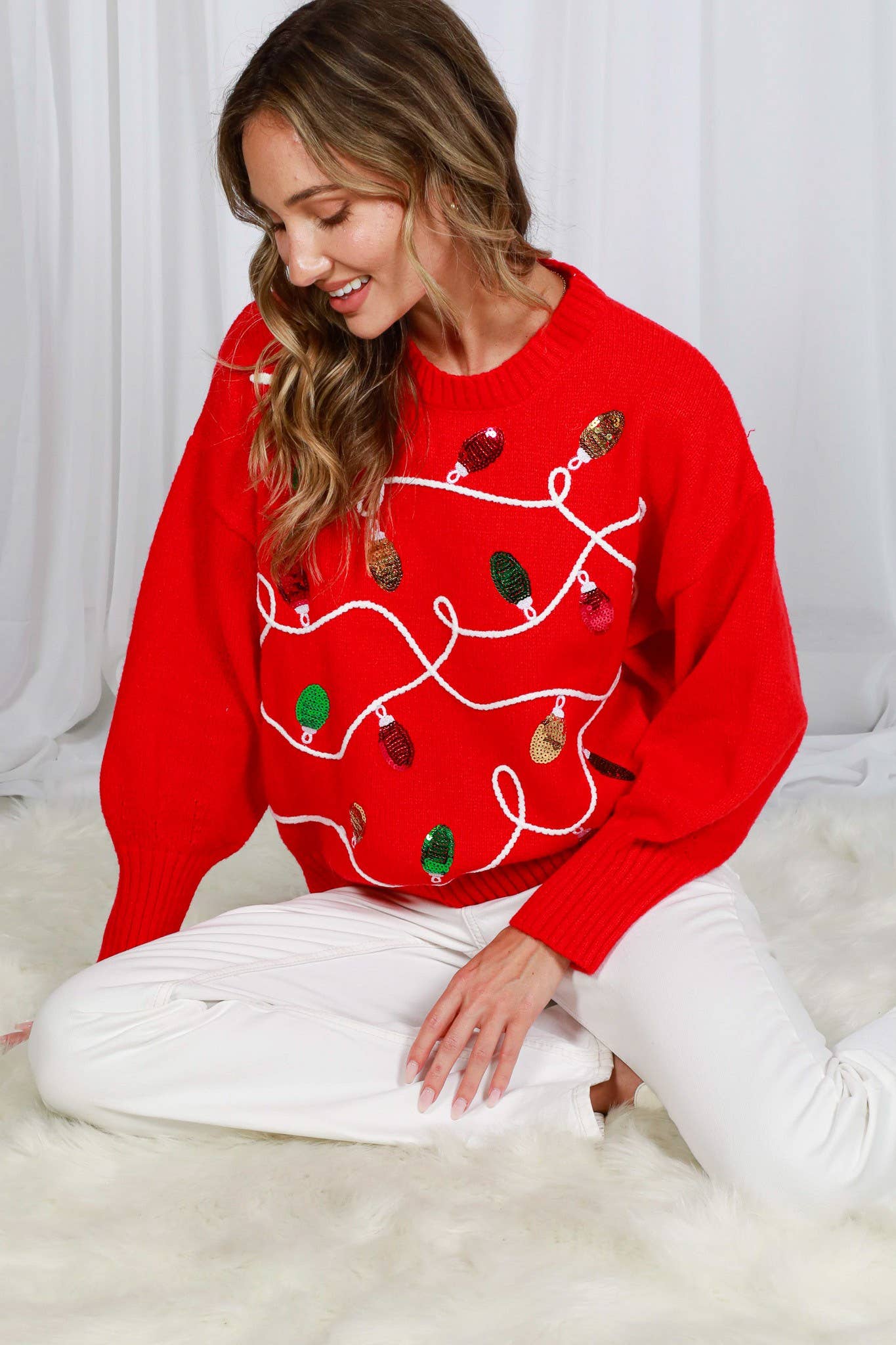 Vine & Love - Wholesale Knit Sweater - Women's - Colorful Christmas-Light Embellishment Cozy Sweater VT8225918