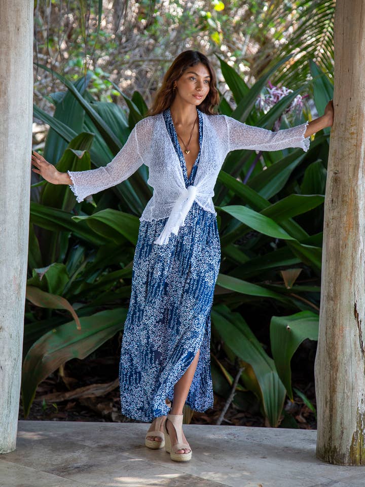 Summer Knit Sheer Cardigan Bolero Shrug Cover in White for wholesale by Bali Prema