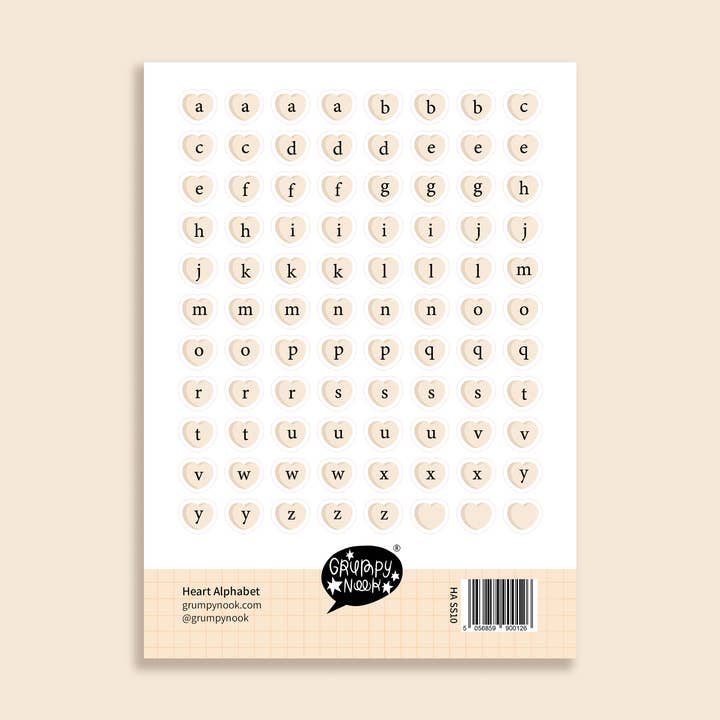 Alphabet Heart Sticker Sheet for wholesale by Grumpy Nook