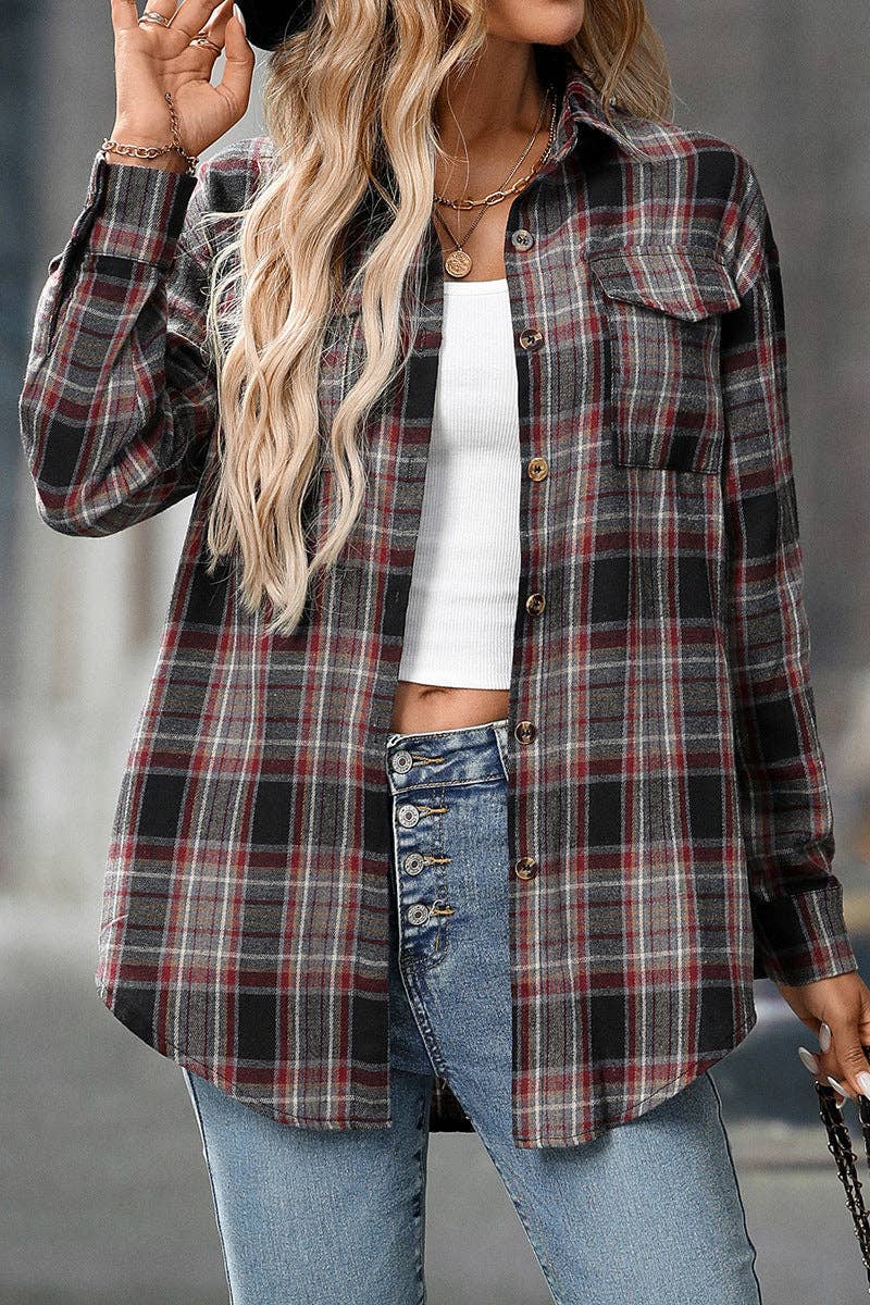 Lovesoft – wholesale Buttoned-down shirt – Women's – Plaid Button Down Shirt with Chest Pockets and Tie Hem29