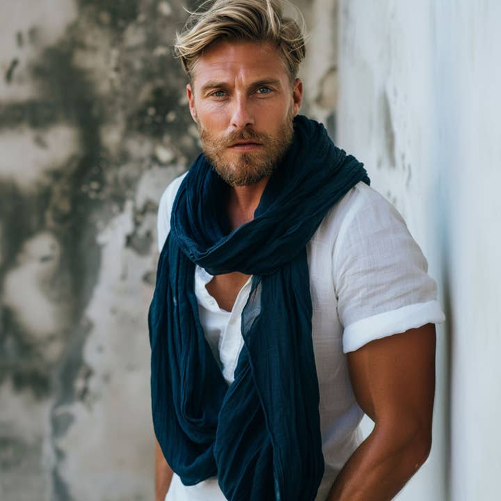 menique - Wholesale Scarf - Men's - Natural Linen Scarf for Men Storm Blue